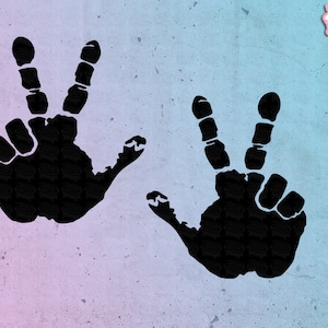May include: Two black handprints in the shape of the peace sign, one on the left and one on the right, against a light blue and pink background.