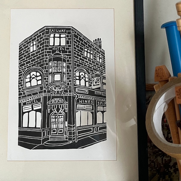 The Railway Hotel + Pub, Southend-on-Sea, Essex | Music Venue and Pub Handmade A4 Lino Print | 25% of proceeds go to Music Venue Trust