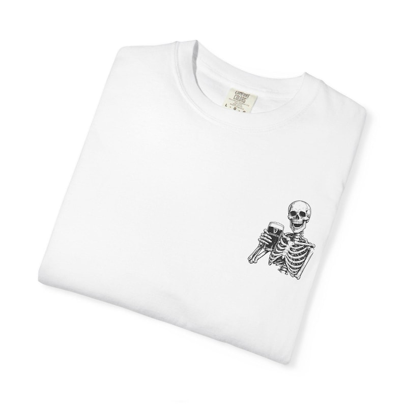 Skeleton Holding Guinness T-shirt | Small Chest Illustration, Goth, Spooky Tee image 3