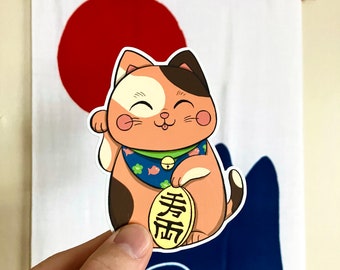 Japanese Maneki Neko Cat Sticker, Lucky Coin, Matte Finish (3"x4")