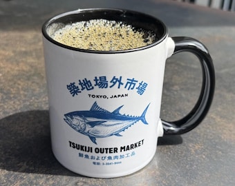 Tsukiji Outer Market Tuna Graphic Coffee Mug, Retro Tokyo Fish Market Drinkware