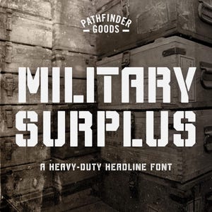 May include: A vintage-style font design called "Military Surplus" with the tagline "A Heavy-Duty Headline Font" displayed on a background of stacked wooden crates.