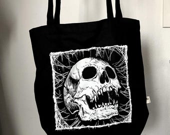 Black Tote Bag, Hand Drawn Skull Graphic, Organic Cotton, Metalhead Goth Accessory
