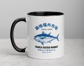 Tsukiji Outer Market Tuna Graphic Coffee Mug, Retro Tokyo Fish Market Drinkware