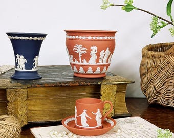Vintage Wedgwood Jasperware Set, Terracotta Plant Pot, Blue Vase, Cup and Saucer