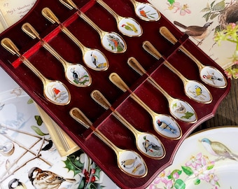 Spink Gold Plated collector’s Tea/Coffee Spoons - birds and floral-Sheffield England set of 12