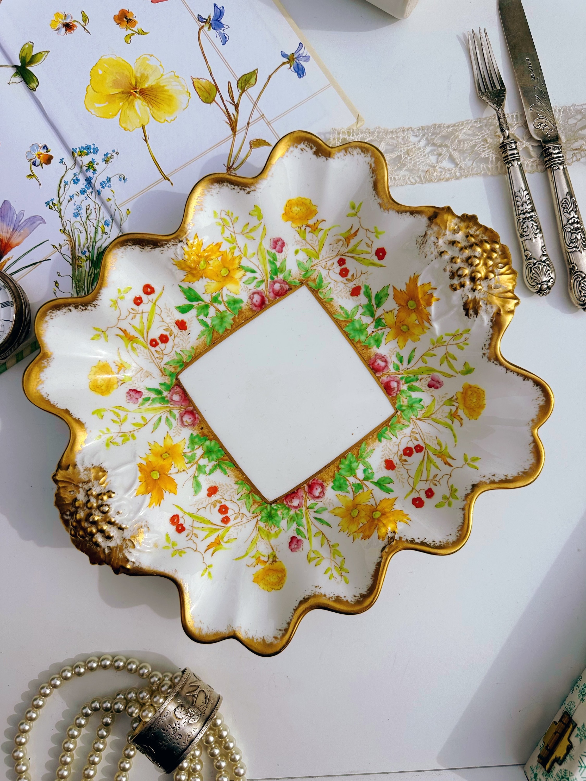 Vintage Hammersley Floral Dish: Longton Fluted Gold Trim Centerpiece (1912-1930)