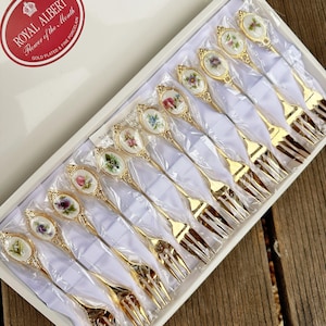 Rare Royal Albert Flower of the Month Gold Plated Forks - Set of 12