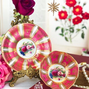Vintage Rare Find Paragon Collection Fine Bone China of &quot;Orchard Fruits and Gold&quot;Teacup and Saucer Pink /English Afternoon Tea Cup & Saucer