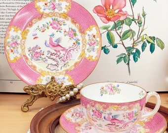 Minton England Pink Cockatrice Porzellan Teetasse, Untertasse und Beilagenteller Trio