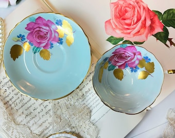 1930s Pretty Vintage Cup & Saucer By Paragon Pink Cabbage  Rose Flowers Golden leaves