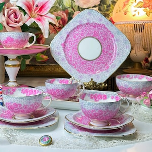Pretty Vintage Cup & Saucer By Paragon Rare Art Deco with hand painted pink blossoms in Geometric Shapes/Afternoon tea gift