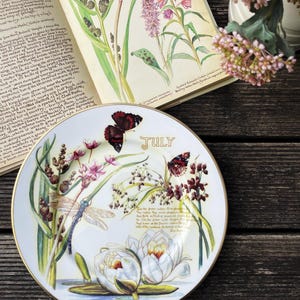 Puede incluir: Un plato decorativo con un diseño botánico, que incluye mariposas, libélulas y nenúfares. El plato tiene un borde dorado y la palabra "JULY". Un libro abierto con ilustraciones botánicas está en el fondo.