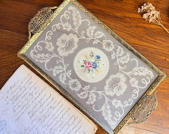 Vintage Petit Point Embroidery & Lace, Glass Dressing Table / Vanity Tray