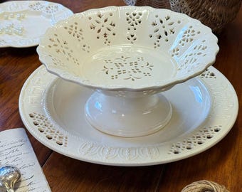 Vintage kitchen Table: Royal Creamware Originals Stand Comport/Tazza - English White Porcelain - Pierced Ware