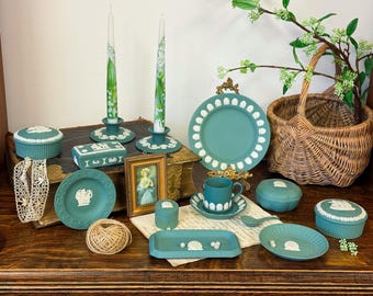 Wedgwood Teal Jasperware Collections, Trinket Box, Trinket Dish, Candle Holders, Spoons