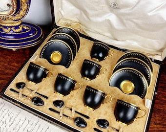 Antique Royal Worcester Porcelain Gilded Full Demitasse Coffee Cup & Saucers Set with Sterling Silver Black Enamel Spoons in Original box
