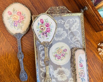 Vintage English Petit Point  Filigree Dressing Table Vanity Set Lace Tray, Brush and Mirror