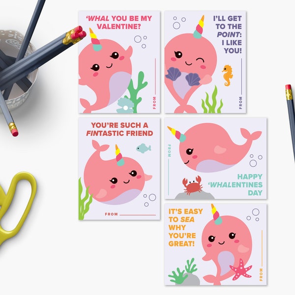 Narwhal Printable Valentines For Kids School Classroom Girl Boy Cards Colorful Variety 5 Styles