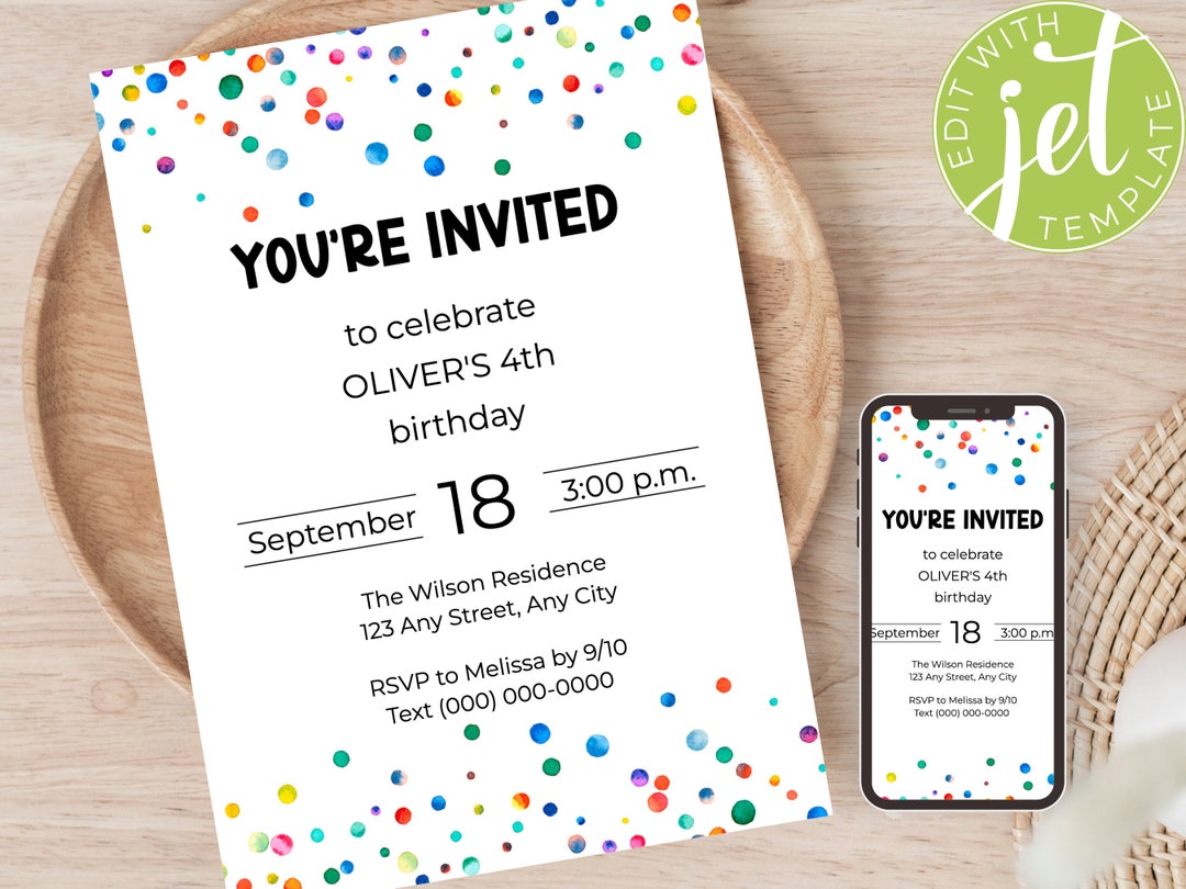 Editable Birthday Party Invitation Template, Watercolor Dots Invitation