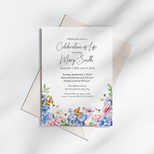 Celebration of Life Editable Invitation Template, Butterfly Hydrangea, Memorial, Instant Download