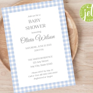 Plantilla editable de invitación a baby shower de cuadros azules - Diseño digital personalizable- Descarga instantánea imprimible- Género neutro, 1020
