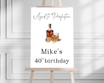 Aged to Perfection Birthday Sign, Whiskey and Bourbon theme party, Welcome sign, W103