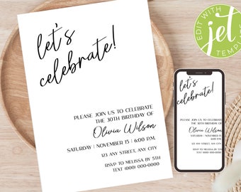 Editable Minimalist Birthday Invitation Template, Modern Invitation, Instant Download, Printable