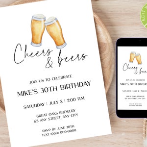 Plantilla de invitación de cumpleaños de cerveza editable, saludos y cervezas, cualquier edad, jubilación, despedida de soltero, invitación imprimible, para hombres