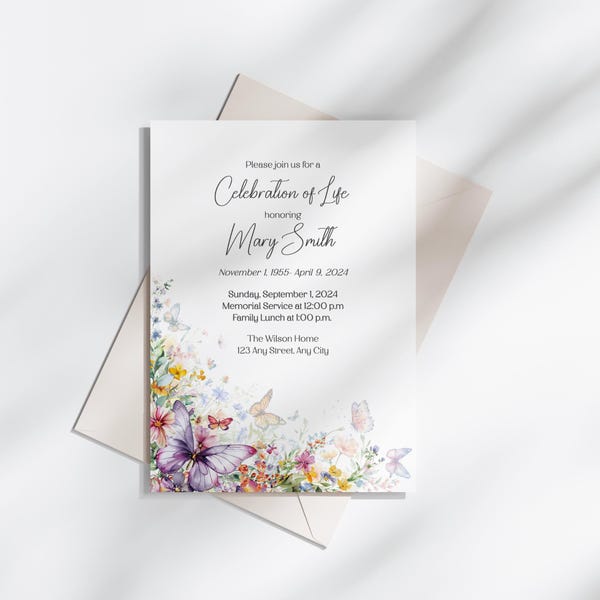 Celebration of Life Invitation Editable Template, Memorial, Purple Butterfly, Instant Download