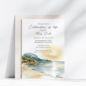 May include: A white invitation card with elegant script announcing a "Celebration of Life" for Mary Smith. The card features a watercolor landscape of a beach scene with a sunset. Includes event details and RSVP information.