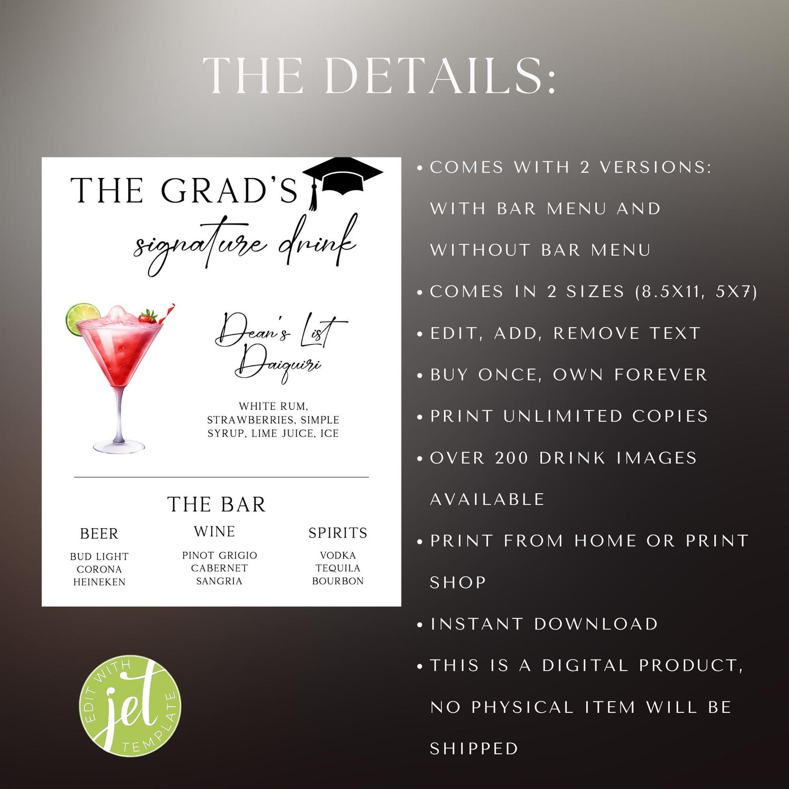Graduation Signature Cocktail Sign: Editable Bar Menu Template - Etsy