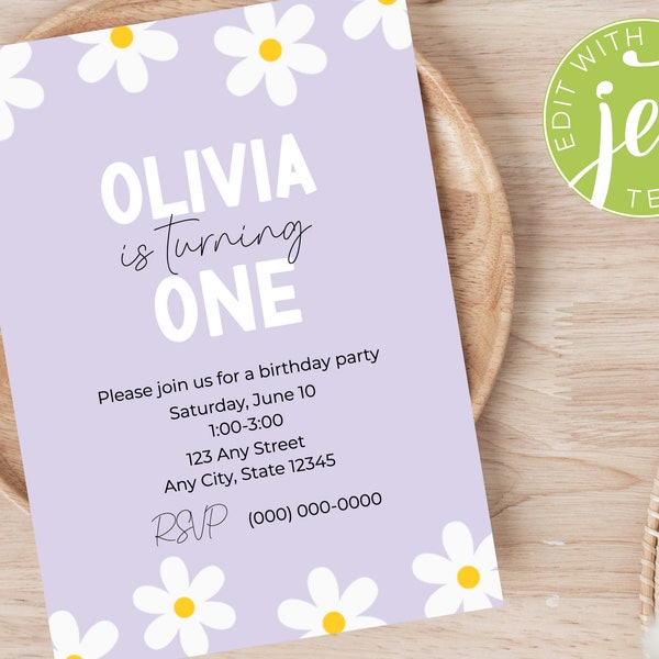 Editable Purple Daisy Birthday Invitation Template, Digital Invitation, Instant Download