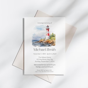 Modèle d'invitation de célébration de la vie, service funéraire, phare, bateau, océan, mémorial et souvenir, téléchargement immédiat