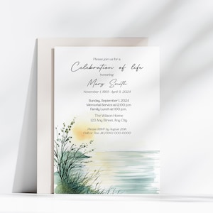 May include: A white invitation card with the text "Celebration of Life" honoring Mary Smith. The card includes dates, times, and location details. A watercolor landscape of a sunset over water is at the bottom.