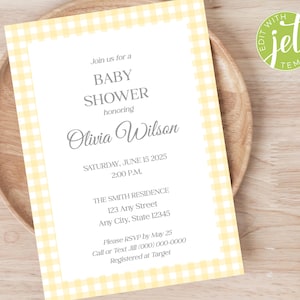 Bewerkbare gele pastel babyshower uitnodiging sjabloon - aanpasbaar digitaal ontwerp - afdrukbare Instant Download - genderneutraal, 1010
