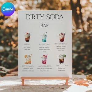 Könnte beinhalten: Ein weißes Schild auf einer Holzstaffelei zeigt eine "DIRTY SODA BAR"-Speisekarte. Die Speisekarte zeigt sechs farbenfrohe Getränkeillustrationen mit Namen wie "Classic" und "Blue Lagoon" sowie deren Zutaten. Das Canva-Logo befindet sich oben links.