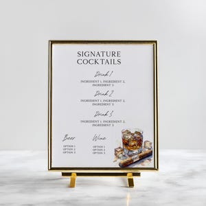 Editable Signature Cocktail Sign, Whiskey & Cigars, Bourbon, Custom Bar Menu, Birthday, Retirement, Bachelor Party
