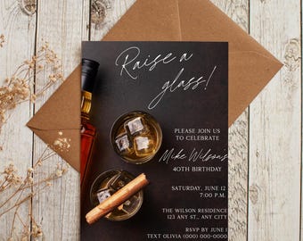 Editable Whiskey & Cigars Birthday Invitation Template; Printable Invitation for men,Bourbon, Instant Download, W101