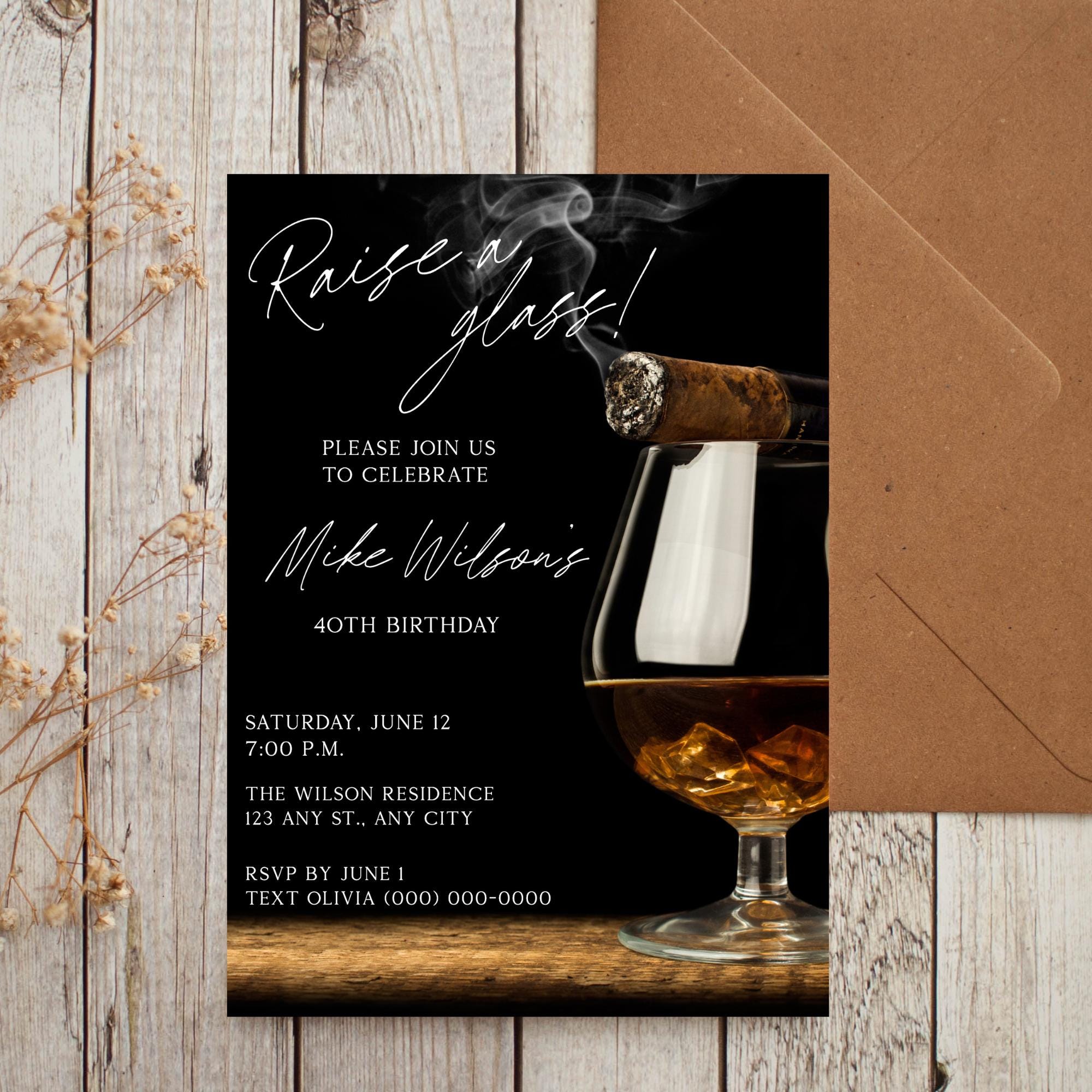 Editable Whiskey & Cigars Birthday Invitation Template; Retirement Party, Printable Invitation for men, Bourbon Lover, W102