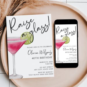 Raise a Glass Cosmopolitan Cocktail Invitation, Editable Template, Pink Cosmo Martini, Instant Download