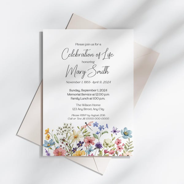 Celebration of Life Editable Invitation Template, Memorial, Instant Download, Wildflowers