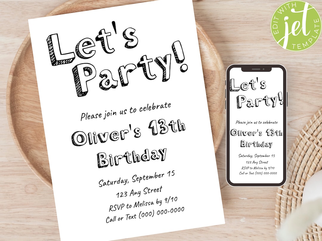 Editable Black &amp; White Birthday Invitation Template, Instant Download ...
