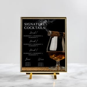 Placa de coquetel de assinatura editável, uísque e charutos, menu de bar personalizado, aniversário, aposentadoria, despedida de solteiro, 8x10, W102