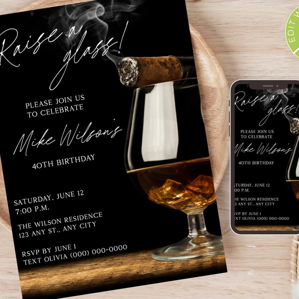 Editable Whiskey & Cigars Birthday Invitation Template; Retirement Party, Printable Invitation for men, Bourbon Lover, Instant Download