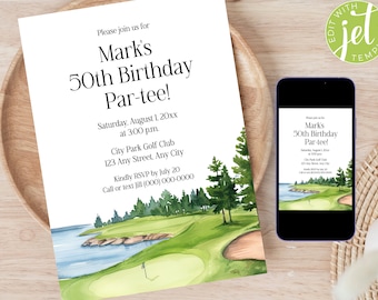 Plantilla editable de invitación de cumpleaños de golf; cualquier edad, invitación imprimible para hombres, descarga instantánea