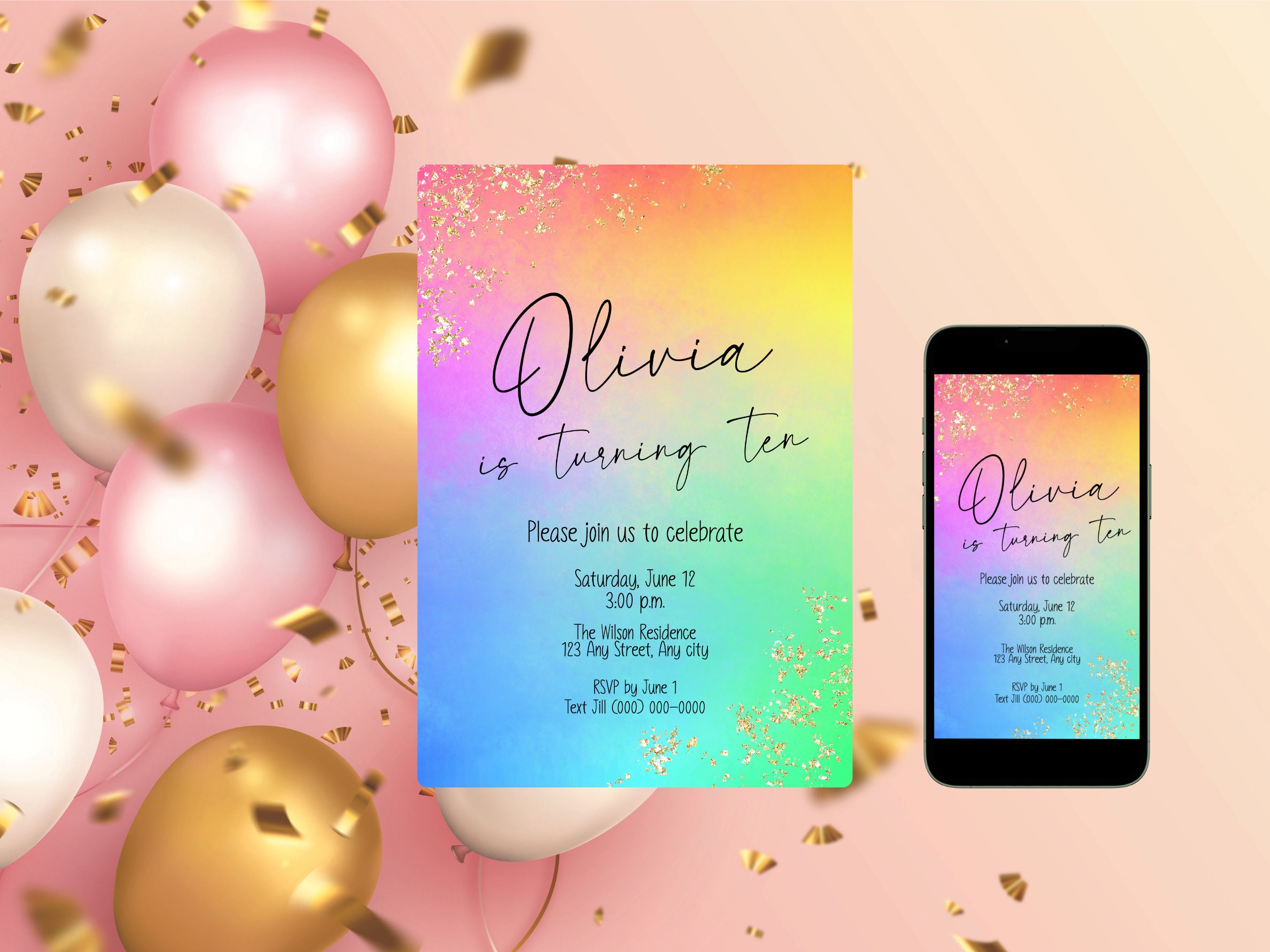 Editable Birthday Party Invitation Template, Rainbow and Gold, Instant