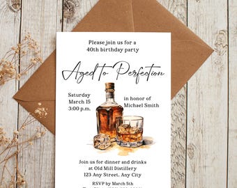 Editable Whiskey Birthday Invitation Template; Printable Invitation for men, Aged to Perfection, Instant Download, W103