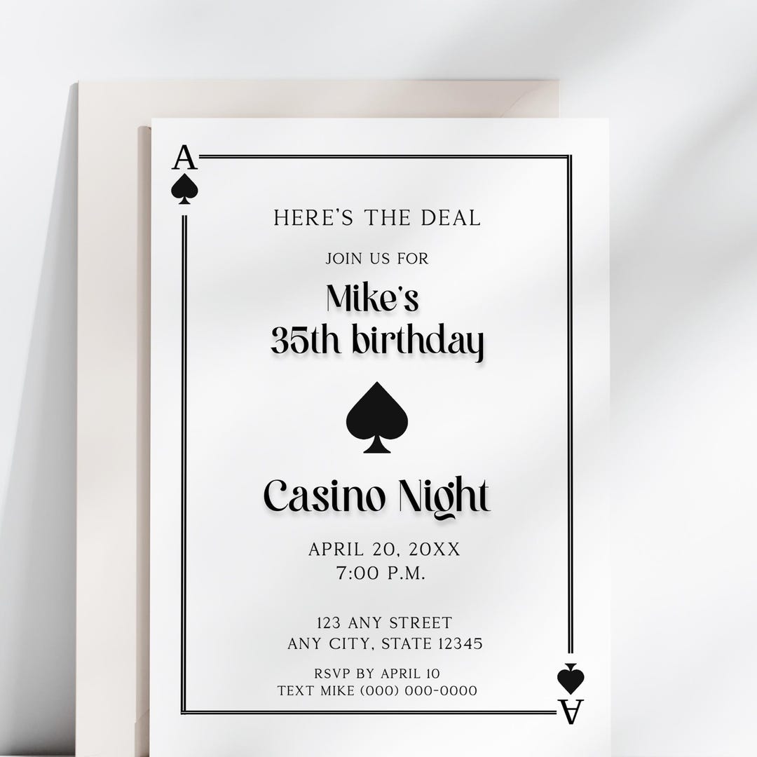 Editable Playing Card Invitation Template, Casino Poker Night, Birthday