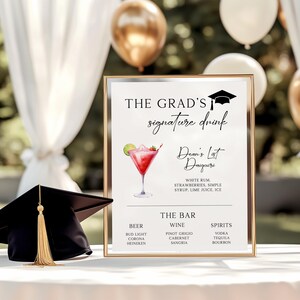 Placa de coquetel de formatura, modelo de bebida editável para festa de formatura, cardápio de bar personalizado, decoração para comemorações
